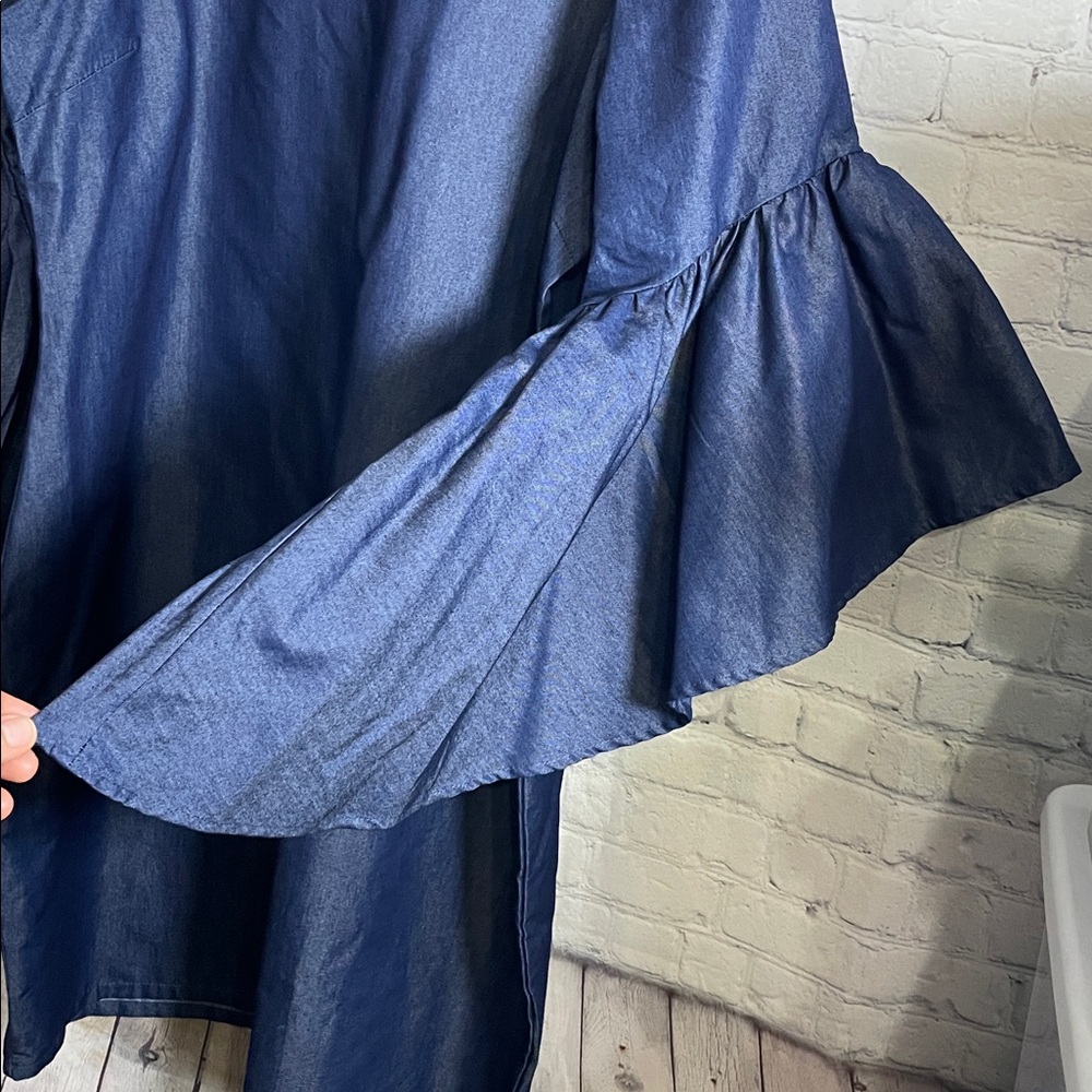 Ouum Dark Blue Jean Long Straight Casual Sheath Dress Flared Ruffle Sleeves - Picture 4 of 9